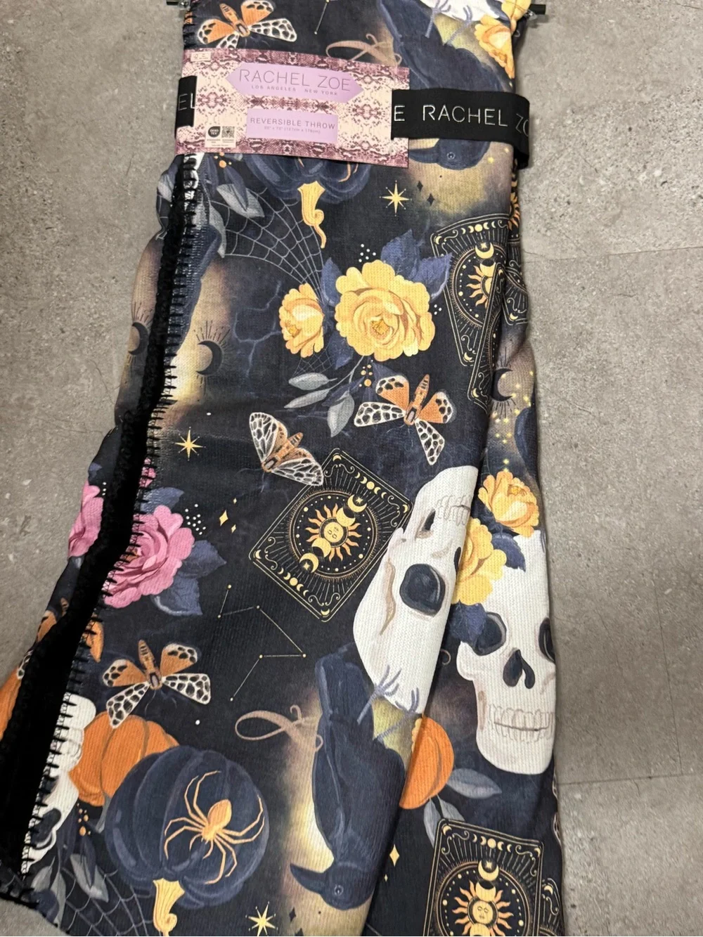 Rachel Zoe Halloween Floral & Skull Reversible Throw - Black & Yellow Accents